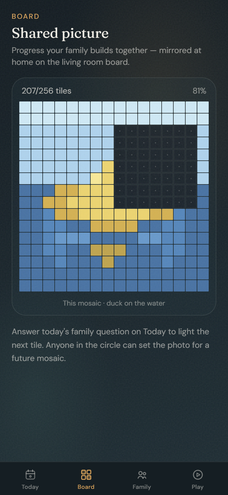 The Mosaic app showing a shared picture of a duck on the water, 81 percent filled in.