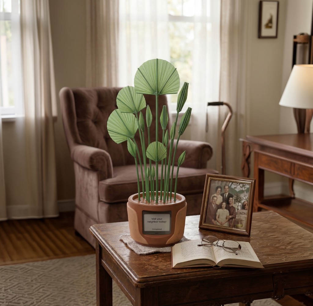 Concept tabletop planter with a small screen showing a gentle reminder and a completed status.