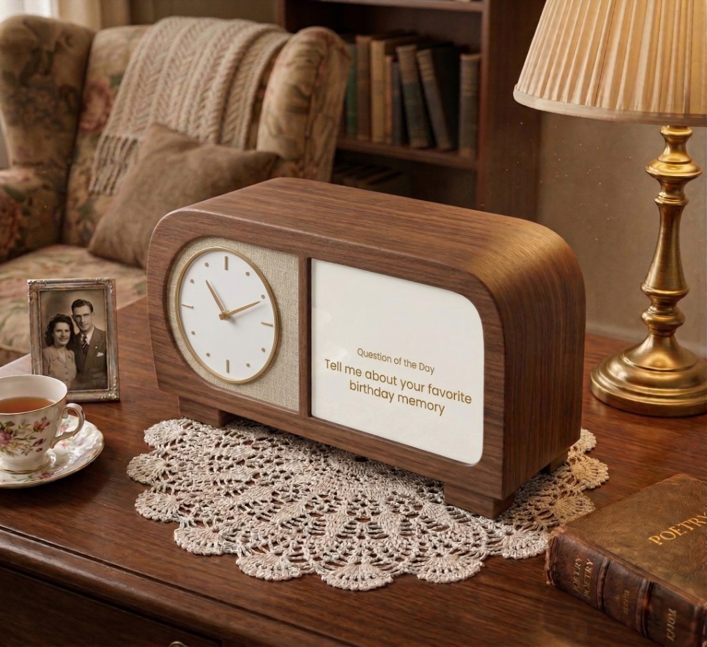 Concept radio-style device with a clock and a screen showing a daily reflection prompt.