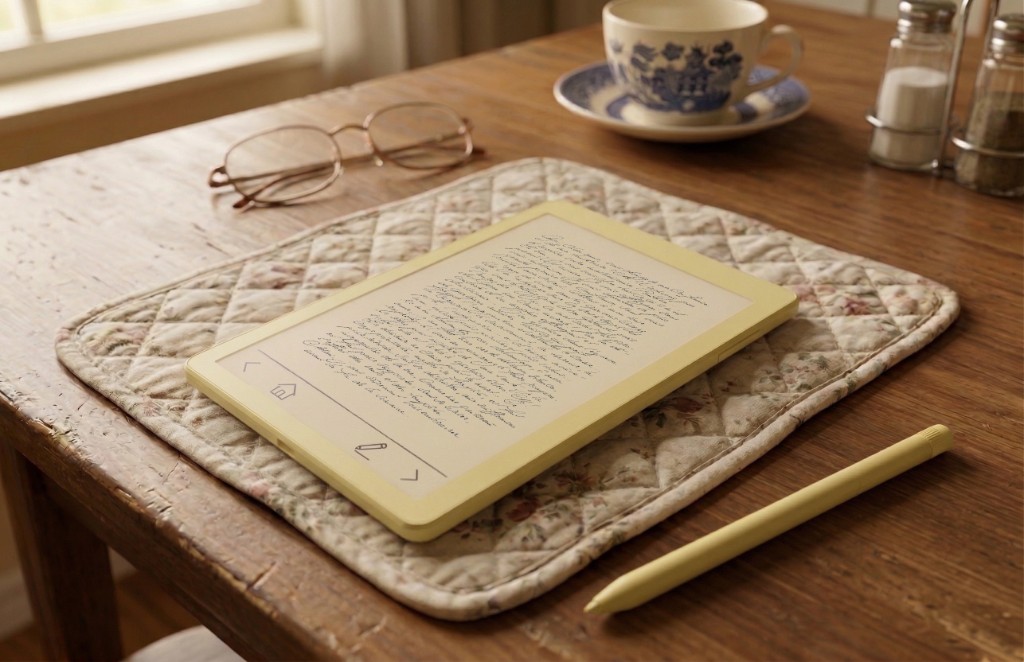Concept writing tablet with stylus and a handwritten notes area on the display.