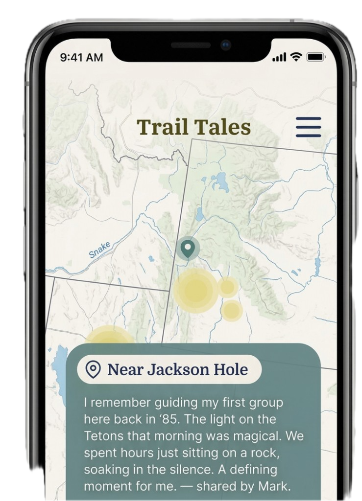 Trail Tales app on a phone: a map near Jackson Hole with a story card about a guide's memory.